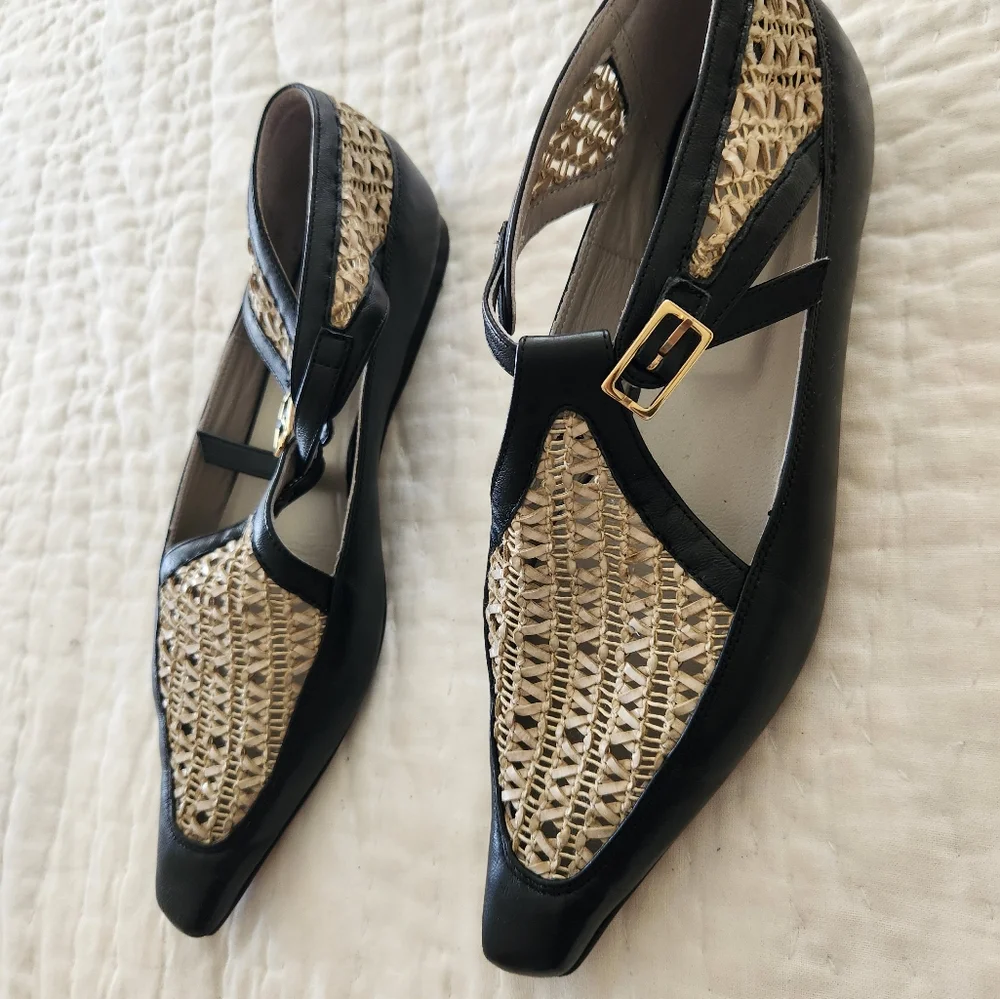 Tibi Wilder Black and Natural Raffia Pointed-Toe Flats